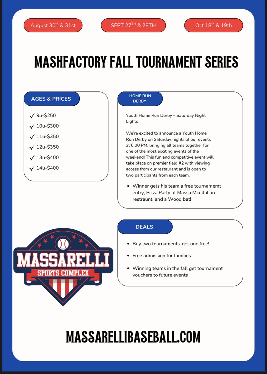 📍-Bolivar, Ohio
⚾️ -9u-14u
🎟️-Free Admission for famillies

Register below:

massarelli-sports-complex.statstak.io