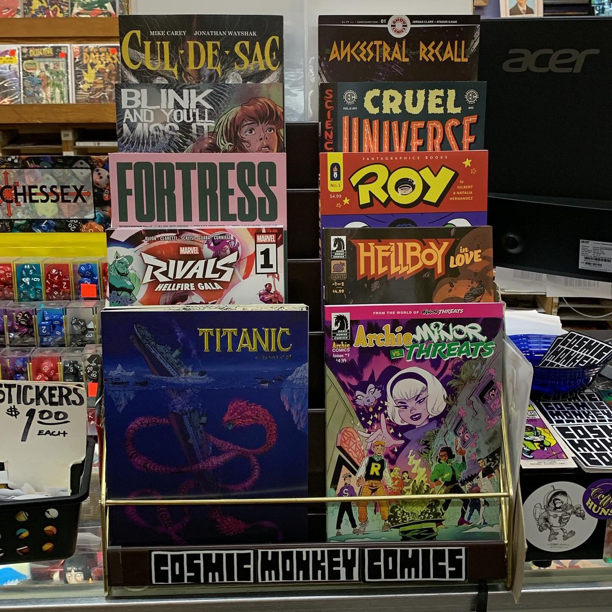 Here’s what we have featured this week! #titaniccomics #archievsminorthreats #marvelrivalshellfiregala #hellboyinlovetheartoffire #fortress #roy #blinkandyoullmissit #crueluniverse #culdesac #ancestralrecall #ncbd #newcomics #cosmicmonkeycomics #alwayslotsofcomics #bestshop