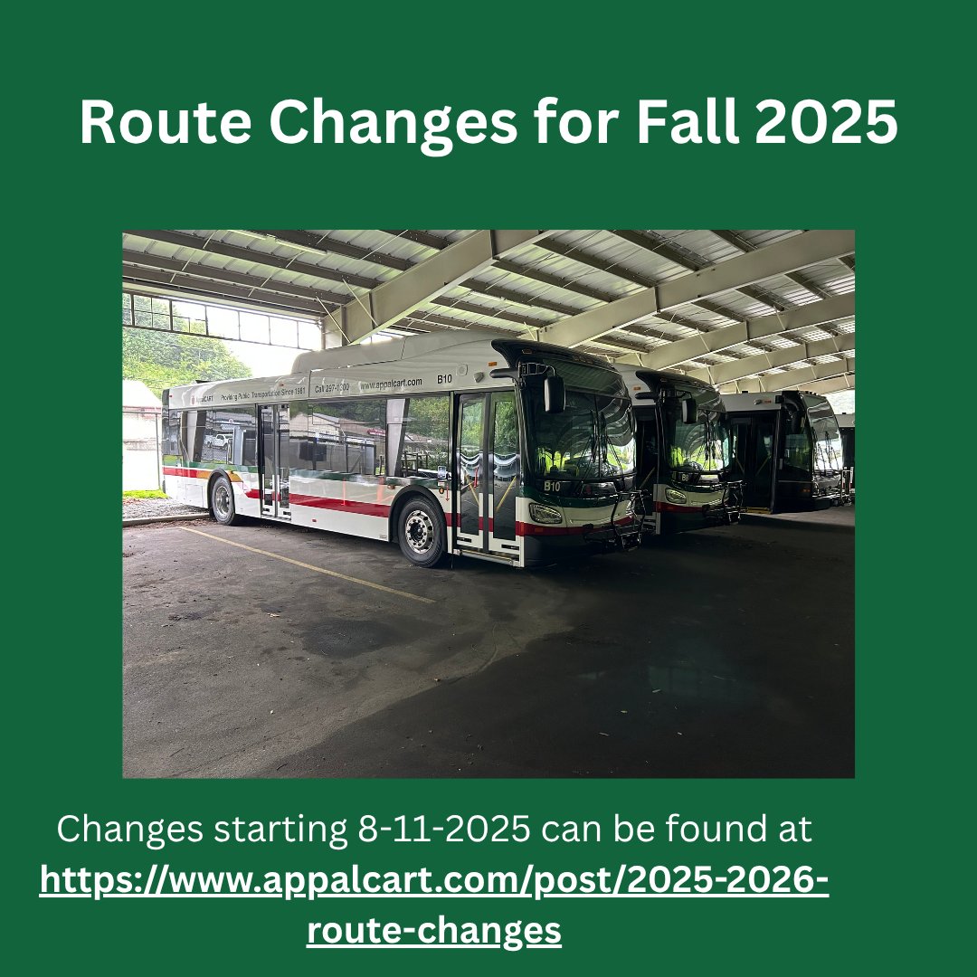 Changes starting 8-11-2025 can be found at appalcart.com/post/2025-2026… .
