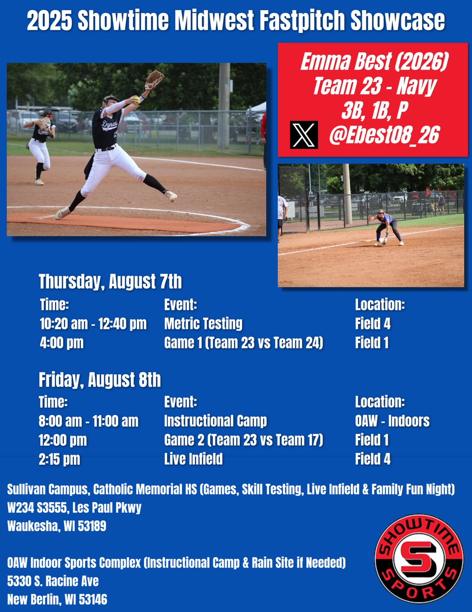 Emma Best 2026 (Uncommitted) (@ebest08_26) on Twitter photo Thrilled to be back at the Showtime Midwest Fastpitch Showcase this year! My game schedule is attached—come watch me in action!
<a href="/ShowtimeSports1/">Showtime Sports</a> <a href="/LorasSoftball/">Loras College SB</a> <a href="/CoachNateWeber/">Coach Nate - Baseball & Fastpitch</a> <a href="/cowgirlsoftball/">HSU Cowgirl Softball</a>
<a href="/SAUBeesSoftball/">St. Ambrose University Fighting Bees Softball</a> <a href="/Piosoftball/">Carroll University Softball</a> <a href="/Coach_E_Hess/">Ericka</a>
<a href="/SUHornetsSB/">Shenandoah University Softball</a> <a href="/DloweOilerkid/">Danielle Lowe</a> Thrilled to be back at the Showtime Midwest Fastpitch Showcase this year! My game schedule is attached—come watch me in action!
<a href="/ShowtimeSports1/">Showtime Sports</a> <a href="/LorasSoftball/">Loras College SB</a> <a href="/CoachNateWeber/">Coach Nate - Baseball & Fastpitch</a> <a href="/cowgirlsoftball/">HSU Cowgirl Softball</a>
<a href="/SAUBeesSoftball/">St. Ambrose University Fighting Bees Softball</a> <a href="/Piosoftball/">Carroll University Softball</a> <a href="/Coach_E_Hess/">Ericka</a>
<a href="/SUHornetsSB/">Shenandoah University Softball</a> <a href="/DloweOilerkid/">Danielle Lowe</a>