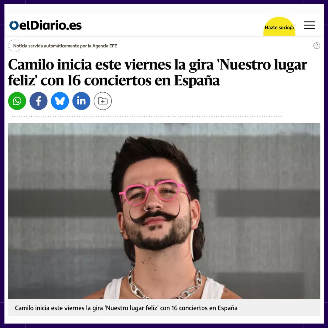 El artista colombiano <a href="/CamiloMusica/">Camilo</a> inicia su gira europea 'Nuestro lugar feliz' el próximo viernes 8 de agosto en el Festival Terramar de Sitges, un concierto que será el preludio a 16 actuaciones más repartidas por toda España. eldiario.es/cultura/camilo… <a href="/eldiarioes/">elDiario.es</a>