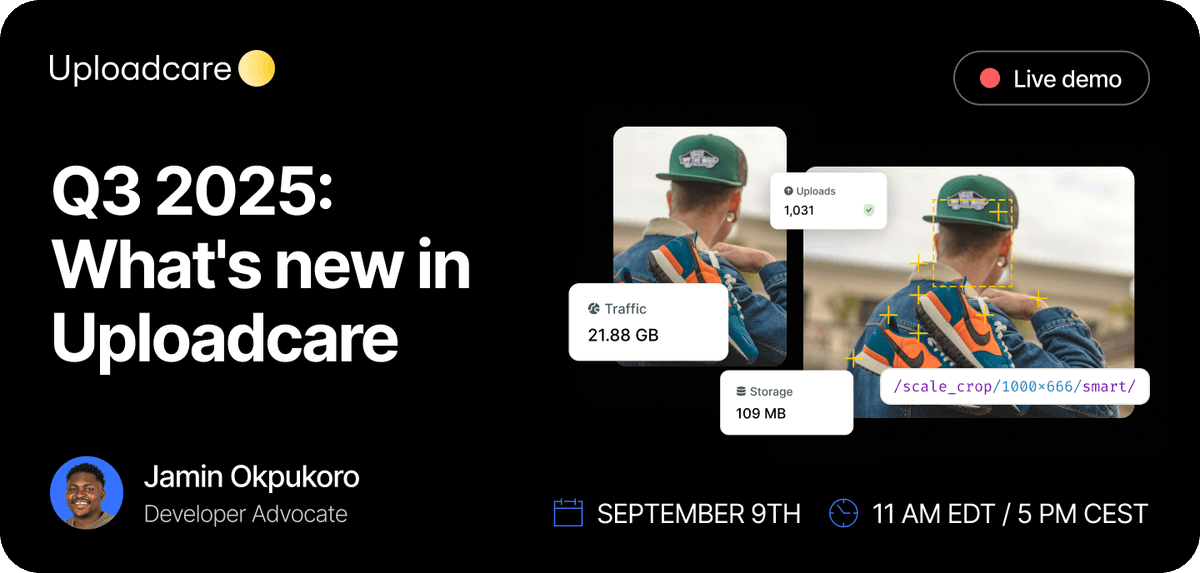 Uploadcare's tweet image. What’s new in uploadcare? 👇
Join us sept 9 at 11am edt for our q3 live demo.
🔸 smart crop (ai-powered visuals)
🔸 usage + spend insights
🔸 infra security w/ subdomain isolation
save your spot: app.zuddl.com/uploadcare/p/a…
#productdemo #ai #imageoptimization #devtools #apis