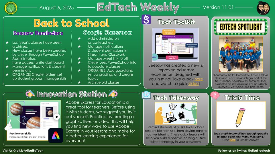 Hello <a href="/AlisalUSD/">Alisal Union SD</a>! Here's our first newsletter of the school year. Inside: Tech highlights, reminders for a great start, and resources from <a href="/Seesaw/">Seesaw</a>, <a href="/AdobeExpress/">Adobe Express</a>, and <a href="/CommonSenseEd/">Common Sense Education</a>. Let's make it a great year of learning and growing together! #AlisalStrong #AlisalFuerte🌱
