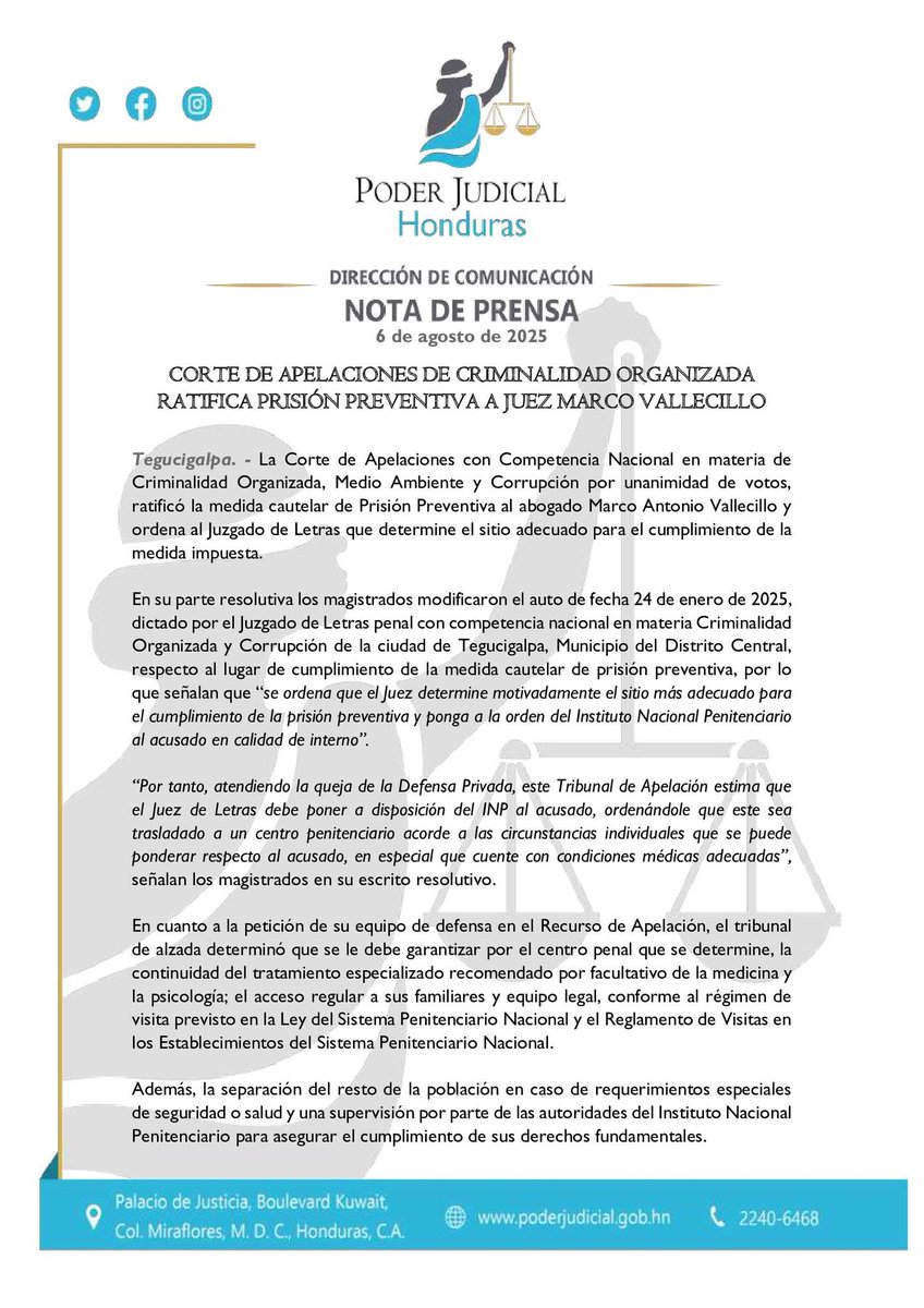 📌🗣️#LOULTIMO| La Corte de Apelaciones ratificó prisión preventiva para el juez Marco Antonio Vallecillo y ordena definir que se determine el sitio adecuado para la medida impuesta.