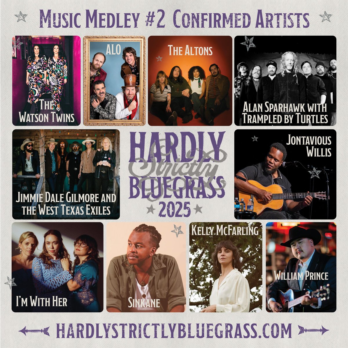 Round 2!

See you in the Park! 
#hsb25
#hardlystrictlybluegrass
<a href="/TheWatsonTwins/">The Watson Twins</a> 
#alo 
<a href="/thealtons/">The Altons</a> 
#alansparhawk
<a href="/tbtduluth/">Trampled by Turtles</a> 
#jimmiedalegilmore
<a href="/westtexasexiles/">West Texas Exiles</a> 
<a href="/JontaviousMusic/">Jontavious Willis</a> 
<a href="/imwithherband/">I'm With Her</a> 
<a href="/Sinkane/">SINKANE</a> 
#kellymcfarling
<a href="/WilliamPrince/">William Prince</a>