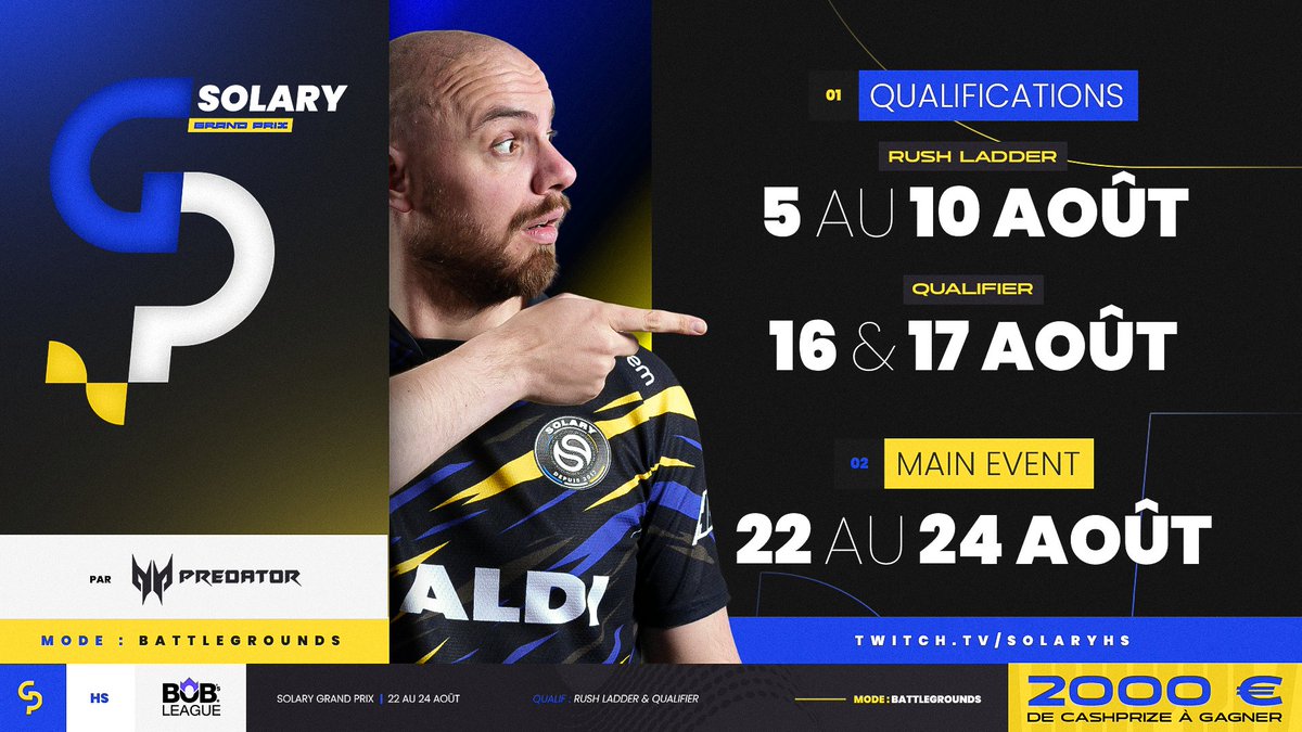 Solary (@solarytv) on Twitter photo Qui dit nouvelle saison dit nouveau Solary GP by <a href="/PredatorFrance/">Predator Gaming 🇫🇷</a> ✌️
Deux façons de te qualifier pour tenter de remporter les 2000 € de cashprize, tente ta chance via le qualifier ou le rush ladder !
Lien d'inscription 🔗 bobsleague.com/events/689386e… Qui dit nouvelle saison dit nouveau Solary GP by <a href="/PredatorFrance/">Predator Gaming 🇫🇷</a> ✌️
Deux façons de te qualifier pour tenter de remporter les 2000 € de cashprize, tente ta chance via le qualifier ou le rush ladder !
Lien d'inscription 🔗 bobsleague.com/events/689386e…