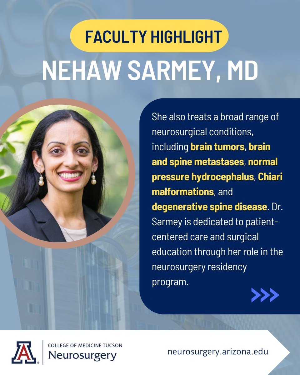 UAZNeurosurgery's tweet image. Meet Dr. @NSarmey! She’s a teaching neurosurgeon, expert in epilepsy surgery, neuromodulation, and complex neurosurgical care at @UAZNeurosurgery.

Learn more about Dr. Sarmey: bit.ly/4fsYSR1

#FacultyHighlight #Neurosurgery