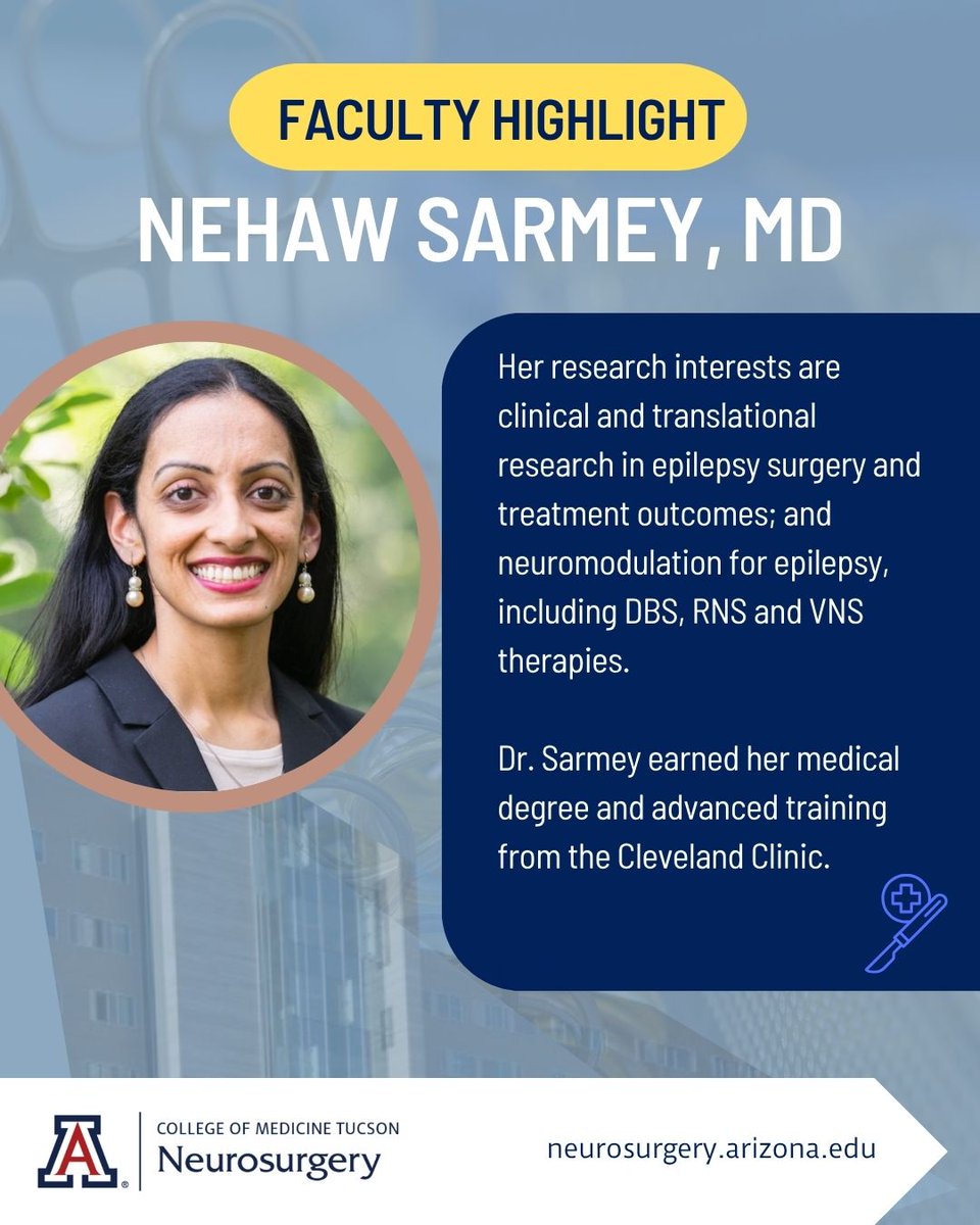 UAZNeurosurgery's tweet image. Meet Dr. @NSarmey! She’s a teaching neurosurgeon, expert in epilepsy surgery, neuromodulation, and complex neurosurgical care at @UAZNeurosurgery.

Learn more about Dr. Sarmey: bit.ly/4fsYSR1

#FacultyHighlight #Neurosurgery