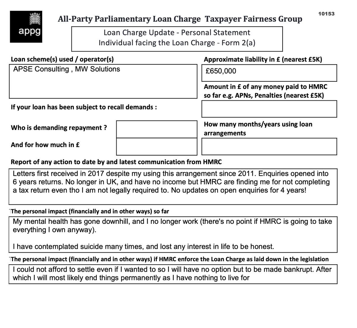 My mental health has gone downhill, and I no longer work (there's no point if HMRC is going to take everything I own anyway)

I have contemplated suicide many times, and lost any interest in life to be honest

<a href="/LCAG_2019/">Loan Charge Action Group [LCAG]</a> 
<a href="/loanchargeAPPG/">Loan Charge & Taxpayer Fairness APPG</a> 
#LoanChargeScandal 
#LoanChargeSuicide