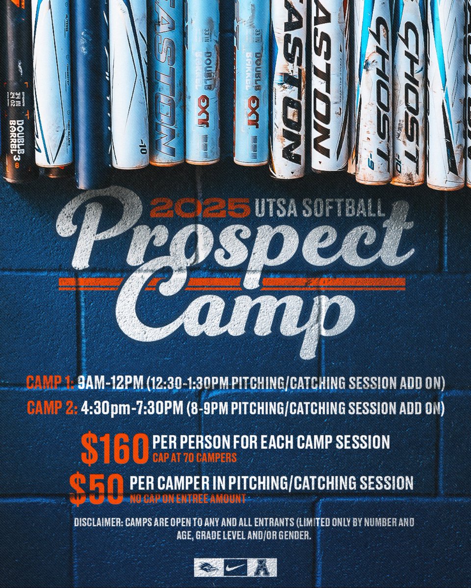 🚨 AUGUST 23RD CAMP ALERT 🚨 

We are hosting two prospect camps on August 23rd - both of which will be followed by a pitching and catching session.

Sign up at UTSASOFTBALLCAMPS.COM

We hope to see you on campus here in San Antonio!!!

#BirdsUp 🤙 | #LetsGo210 | #PluckEm 🪶