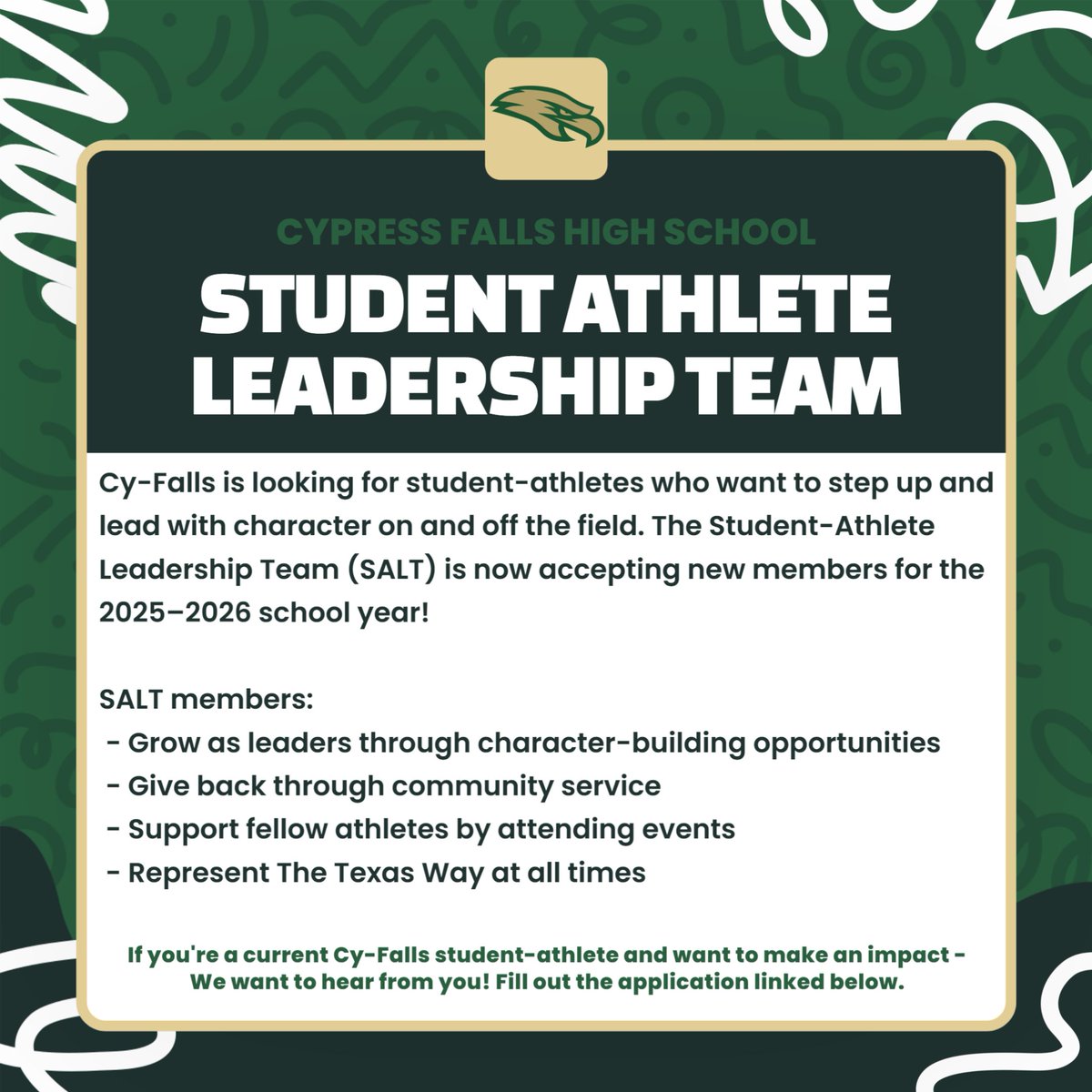 Cy Falls Athletics (@cyfallsath) on Twitter photo Cy-Falls is looking for student-athletes who want to step up and lead with character on and off the field. SALT is now accepting new members for the 2025–2026 school year!
Apply here: forms.gle/rJZLbnmRGeXwhv… Cy-Falls is looking for student-athletes who want to step up and lead with character on and off the field. SALT is now accepting new members for the 2025–2026 school year!
Apply here: forms.gle/rJZLbnmRGeXwhv…