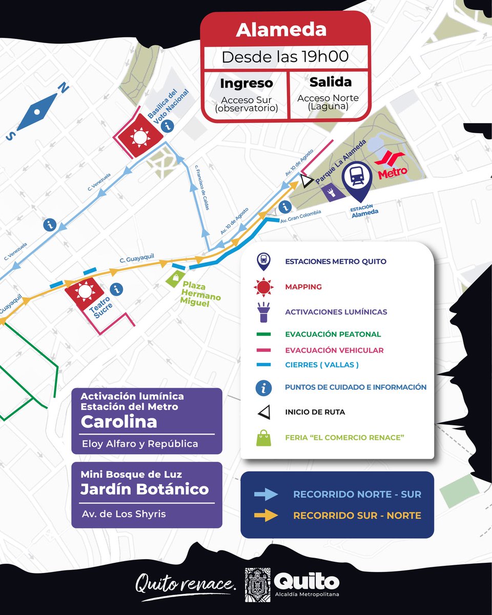 🚇 #ElMetroDeQuitoRenace | Vive el Festival #QuitoLuzDeAmérica con estas rutas recomendadas:
➡️ Desde estación Alameda (norte a sur)
⬅️ Desde estación San Francisco (sur a norte)
Disfruta de mapping, feria El Comercio Renace y más ✨
Planifica tu ruta, mantente informad@🙌🏻