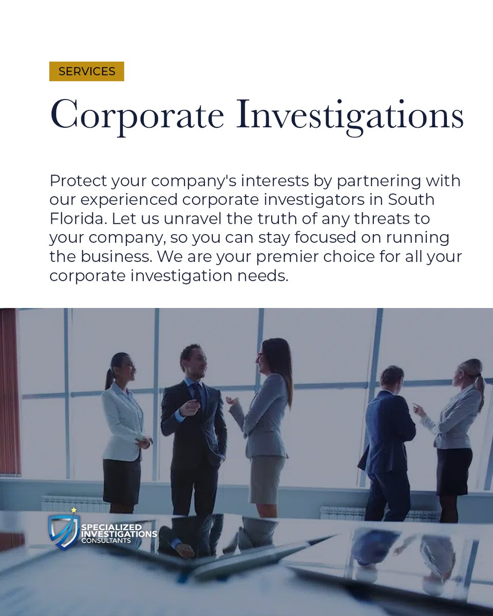 Business is built on trust—make sure it’s not misplaced.

Our corporate investigators help uncover fraud, misconduct &amp; internal threats. Always discreet. Always results-driven.

🔗 sinvestigations.com/services/corpo…

#sicinvestigations #corporateinvestigations #southflorida #duediligence
