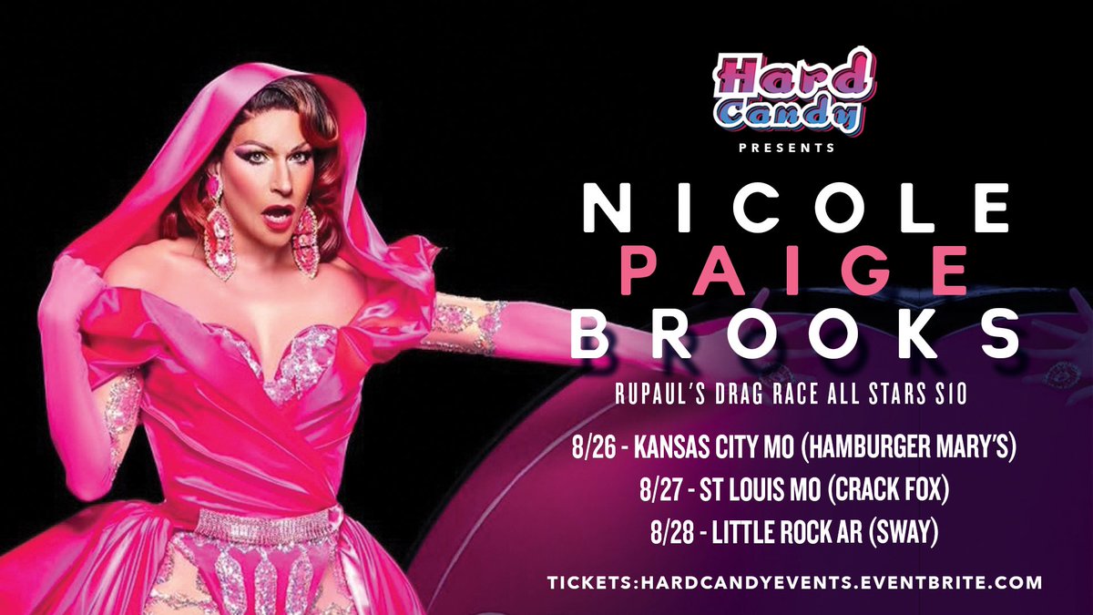 Hard Candy Events (@hardcandyky) on Twitter photo Just announced - additional dates with Season 2 OG <a href="/nicolepbrooks/">Nicole Paige Brooks</a> ! 8/26 - Kansas City MO (Hamburger Mary’s), 8/27 - St Louis MO (Crack Fox), & 8/28 - Little Rock AR (Sway)! Tix: hardcandyevents.eventbrite.com Just announced - additional dates with Season 2 OG <a href="/nicolepbrooks/">Nicole Paige Brooks</a> ! 8/26 - Kansas City MO (Hamburger Mary’s), 8/27 - St Louis MO (Crack Fox), & 8/28 - Little Rock AR (Sway)! Tix: hardcandyevents.eventbrite.com