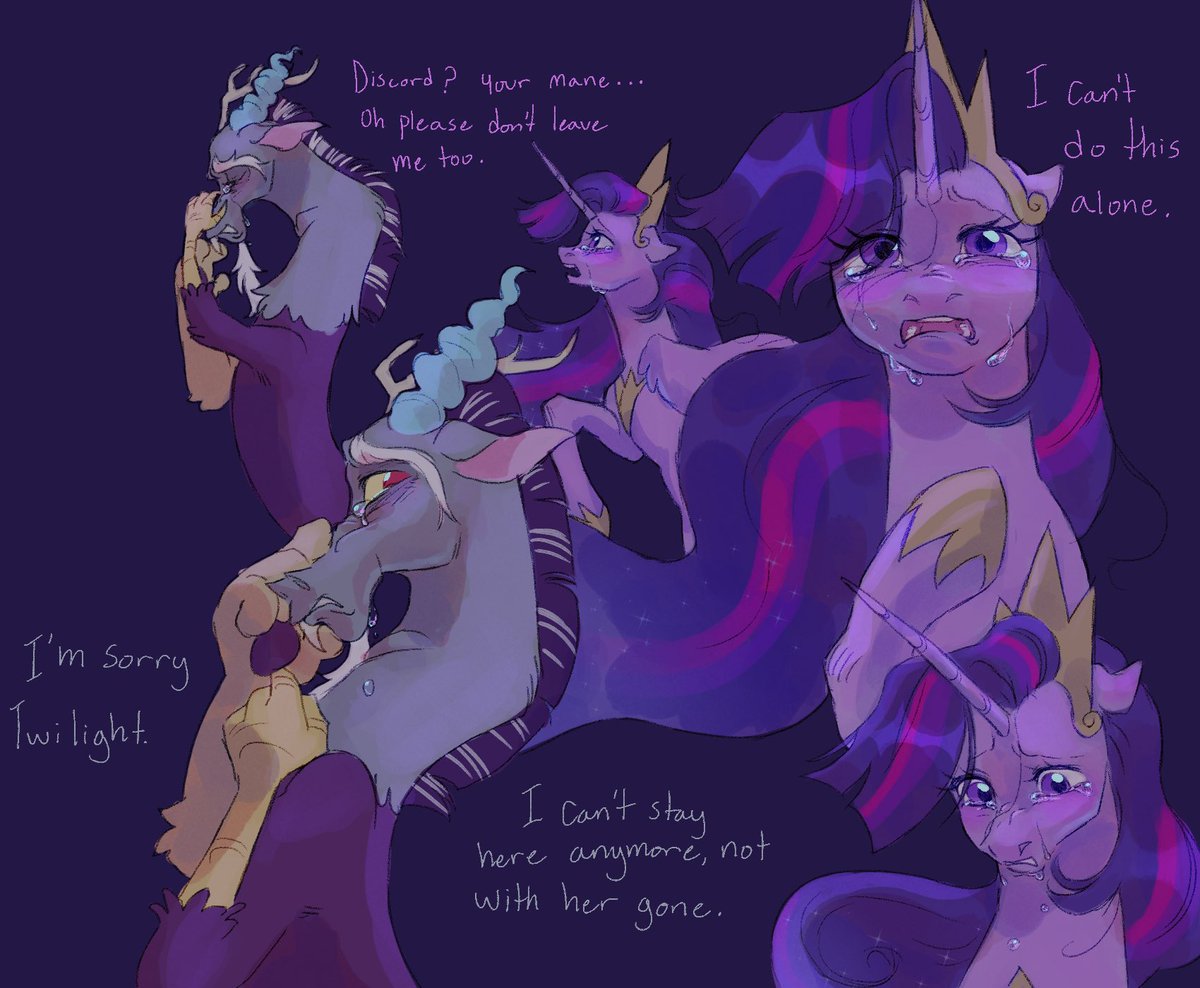 All she could do is watch as he opened a portal to another dimension and stepped through. Fluttershy was the only thing holding him together, and once she was gone, he unraveled. Twilight still hasn’t seen Discord, even after centuries of being apart. #mlp
