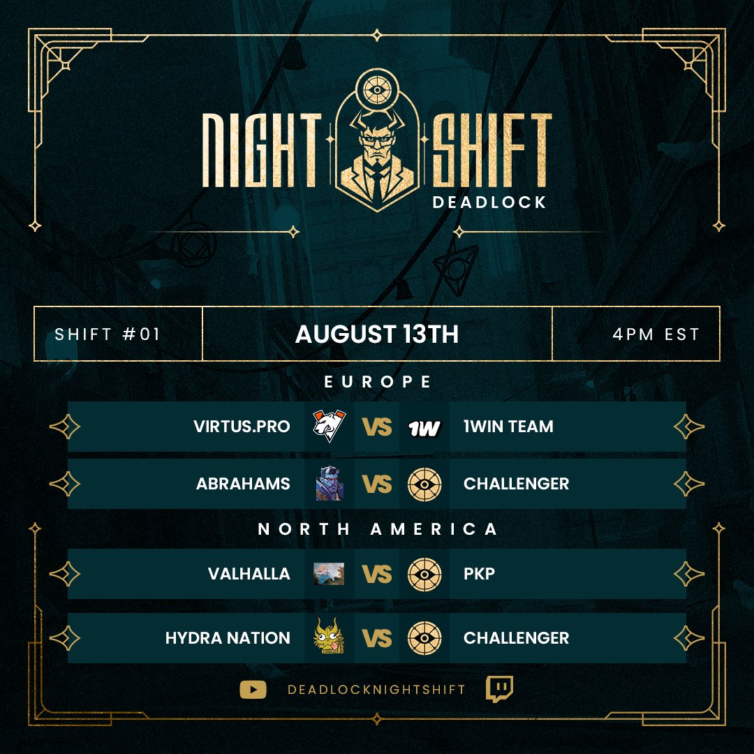 It's time to Clock In for your first Shift of the Deadlock Night Shift. Kicking off on the 13th of August with the best 3 teams from each region, it's time to crown our first Champions. Abrahams and Hydra Nation will maintain their status for Shift 1 as the previous Champions.