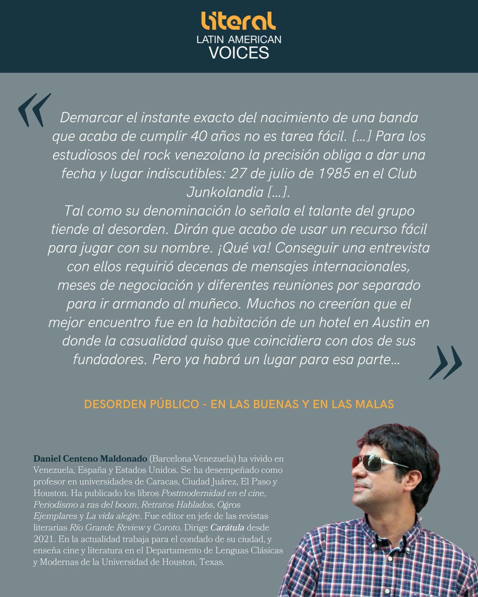 La banda de ska venezolana <a href="/desordenpublico/">Desorden Público</a> cumple 40 años. En medio de una gira internacional, la llama de los cuatro amigos fundadores dista de apagarse…

Leé el perfil escrito por <a href="/dcenteno1/">Daniel Centeno</a>, director de Carátula, en la hermana <a href="/literalmagazine/">Literal Magazine</a>:

👉literalmagazine.com/desorden-publi…