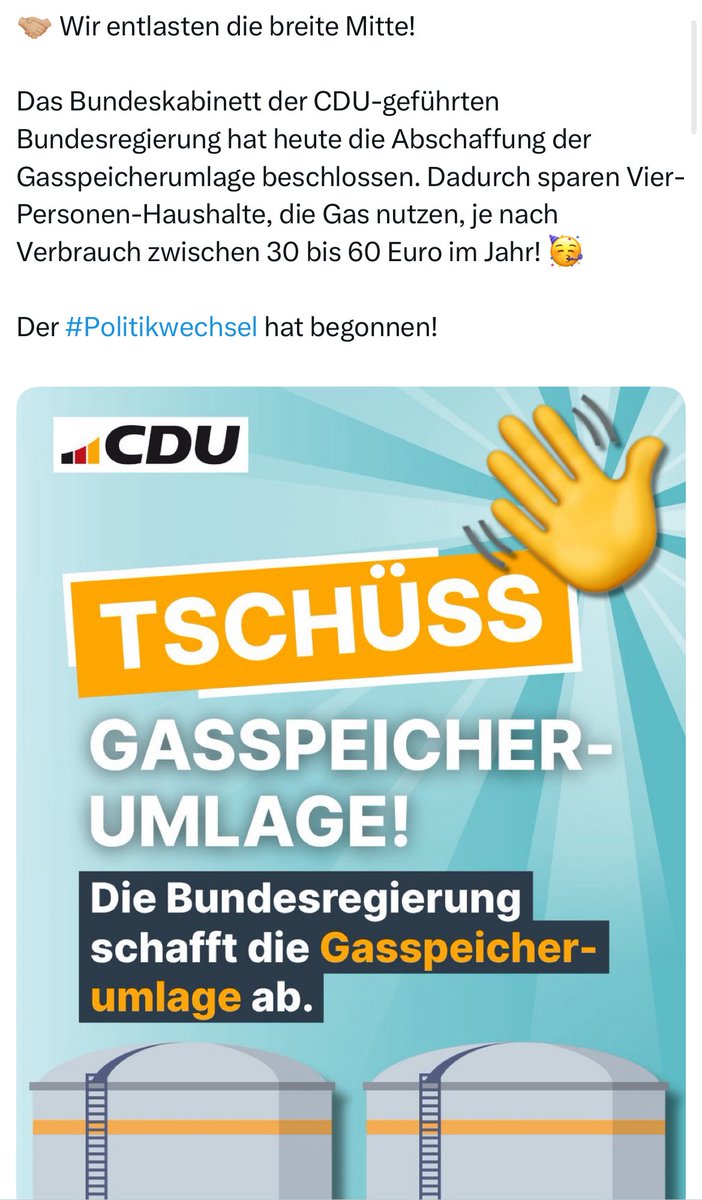 Stephan Christ (@derstephchrist) on Twitter photo Für alle, die ihren Augen nicht trauen: Ja! Die <a href="/CDU/">CDU Deutschlands</a> feiert sich gerade für 62 Cent Entlastung pro Person im Monat, wenn man auf ihre Lügen zur Wärmepumpe reingefallen ist.
Wenn nicht, zahlt man für die anderen mit.
Ist das nicht ne tolle Entlastung?! 🤬🤬🤬
#Gasspeicherumlage Für alle, die ihren Augen nicht trauen: Ja! Die <a href="/CDU/">CDU Deutschlands</a> feiert sich gerade für 62 Cent Entlastung pro Person im Monat, wenn man auf ihre Lügen zur Wärmepumpe reingefallen ist.
Wenn nicht, zahlt man für die anderen mit.
Ist das nicht ne tolle Entlastung?! 🤬🤬🤬
#Gasspeicherumlage