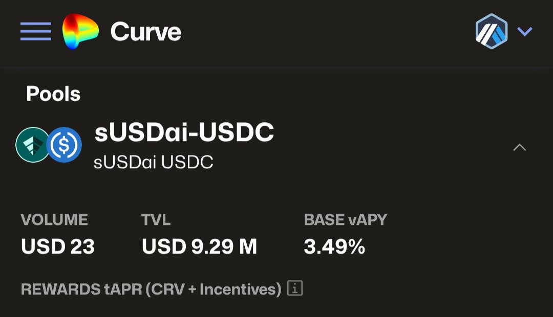 Mikeeve (@mikeeve11) on Twitter photo Were you aware of this stable pool on <a href="/CurveFinance/">Curve Finance</a> on <a href="/arbitrum/">Arbitrum</a> with <a href="/USDai_Official/">USD.AI | Public Launch is Live</a> Right now ~10M of TVL with an average APY of ~3.5%
#USDai is getting to the top in #Arbitrum 💎
As #Arbitrum states you can use #USDai Everywhere! 🌎🩵
You can read more on <a href="/USDai_Official/">USD.AI | Public Launch is Live</a>🤟 Were you aware of this stable pool on <a href="/CurveFinance/">Curve Finance</a> on <a href="/arbitrum/">Arbitrum</a> with <a href="/USDai_Official/">USD.AI | Public Launch is Live</a> Right now ~10M of TVL with an average APY of ~3.5%
#USDai is getting to the top in #Arbitrum 💎
As #Arbitrum states you can use #USDai Everywhere! 🌎🩵
You can read more on <a href="/USDai_Official/">USD.AI | Public Launch is Live</a>🤟