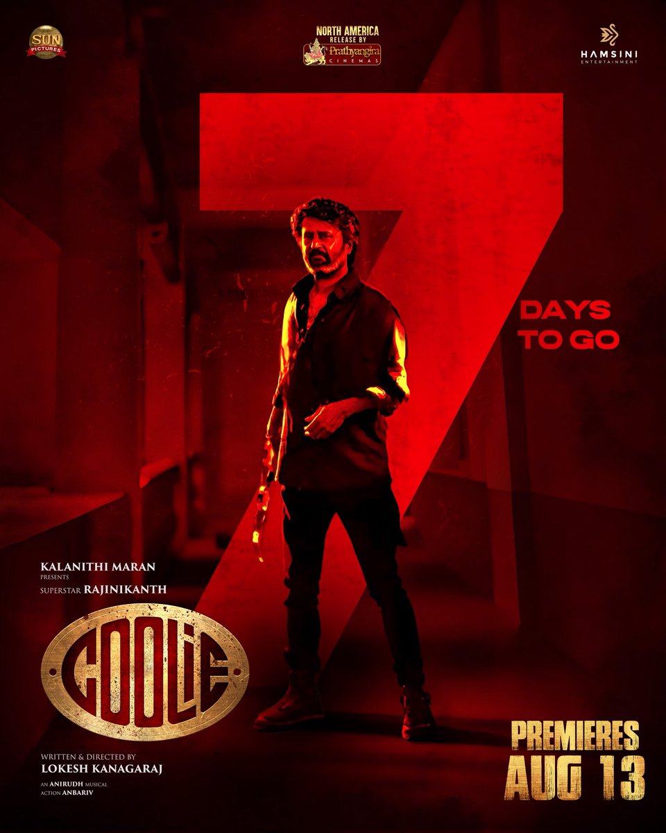 Prathyangira Cinemas (@prathyangiraus) on Twitter photo Coolie nadaka
Roomba Silika
Aalu Shot’Ovea Meatta Iruka… 🔥🔥🔥
#Coolie in 7 days 🤩
Grand USA premieres on Aug 13th
North America release by <a href="/PrathyangiraUS/">Prathyangira Cinemas</a>
#CoolieUSA <a href="/rajinikanth/">Rajinikanth</a> <a href="/sunpictures/">Sun Pictures</a> <a href="/Hamsinient/">Hamsini Entertainment</a> Coolie nadaka
Roomba Silika
Aalu Shot’Ovea Meatta Iruka… 🔥🔥🔥
#Coolie in 7 days 🤩
Grand USA premieres on Aug 13th
North America release by <a href="/PrathyangiraUS/">Prathyangira Cinemas</a>
#CoolieUSA <a href="/rajinikanth/">Rajinikanth</a> <a href="/sunpictures/">Sun Pictures</a> <a href="/Hamsinient/">Hamsini Entertainment</a>
