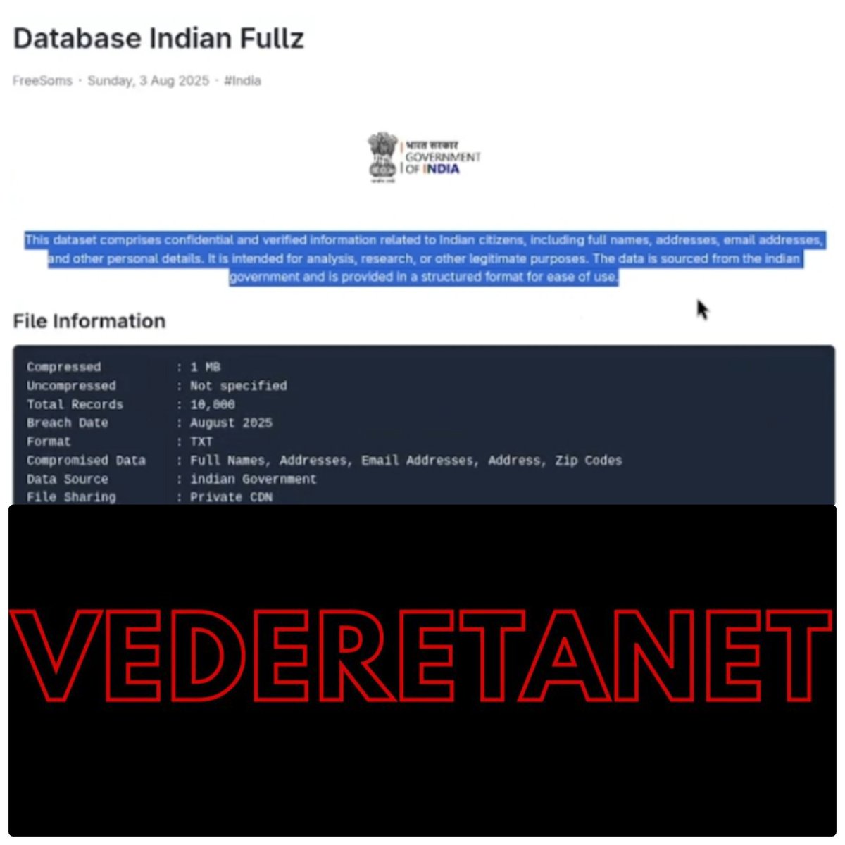 Xerathvox ๐ (@vdsyst3msx) on Twitter photo INDIA CITIZENS DATABASE HAS BEEN BREACHED By VEDERETANET / VNet Systems
<a href="/VNSystemsX/">Prizrakshifr</a> <a href="/VDSyst3msX/">Xerathvox ๐</a> <a href="/b0b0vsky88/">b0b0vsky88๐ดโโ ๏ธ</a>
#VEDERETANET #FreePalestine #FreeGaza #Databreach #AntiSec #HackerNews #CyberThreats #India INDIA CITIZENS DATABASE HAS BEEN BREACHED By VEDERETANET / VNet Systems
<a href="/VNSystemsX/">Prizrakshifr</a> <a href="/VDSyst3msX/">Xerathvox ๐</a> <a href="/b0b0vsky88/">b0b0vsky88๐ดโโ ๏ธ</a>
#VEDERETANET #FreePalestine #FreeGaza #Databreach #AntiSec #HackerNews #CyberThreats #India