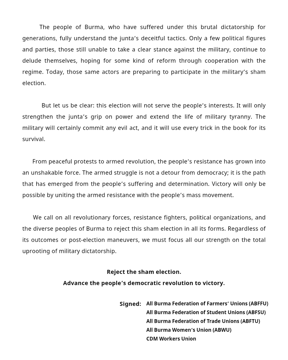 mkn_abfsu's tweet photo. Statement on the Sham Election Planned by the Military Junta

August 6, 2025

ABFSU၊ ABFFU၊ ABFTU၊ ABWU၊ CDMUEW https://t.co/VhCorm9uJe