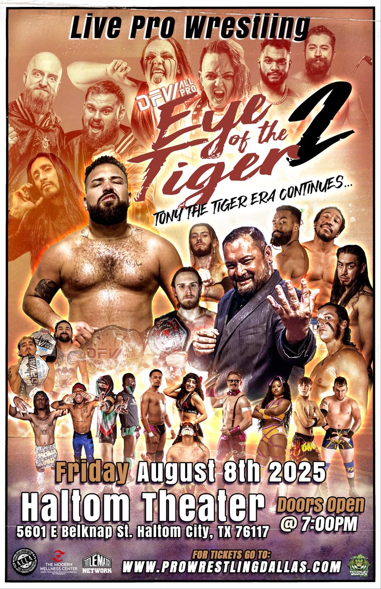 🚨 Attn: LIVE WRESTLING this FRIDAY 🚨
🎟 ProWrestlingDallas.com 🎫
Eye of The Tiger 2 (DFW All-Pro Wrestling) 

Friday,  August 8, 2025
Haltom Theater 
5601 E Belknap St, 
Haltom City, TX 76117

Doors: 7 PM
Bell: 7:30 PM

‼️‼️ ALL AGES EVENT ‼️‼️

- FREE PARKING 
- 2 FULL BARS