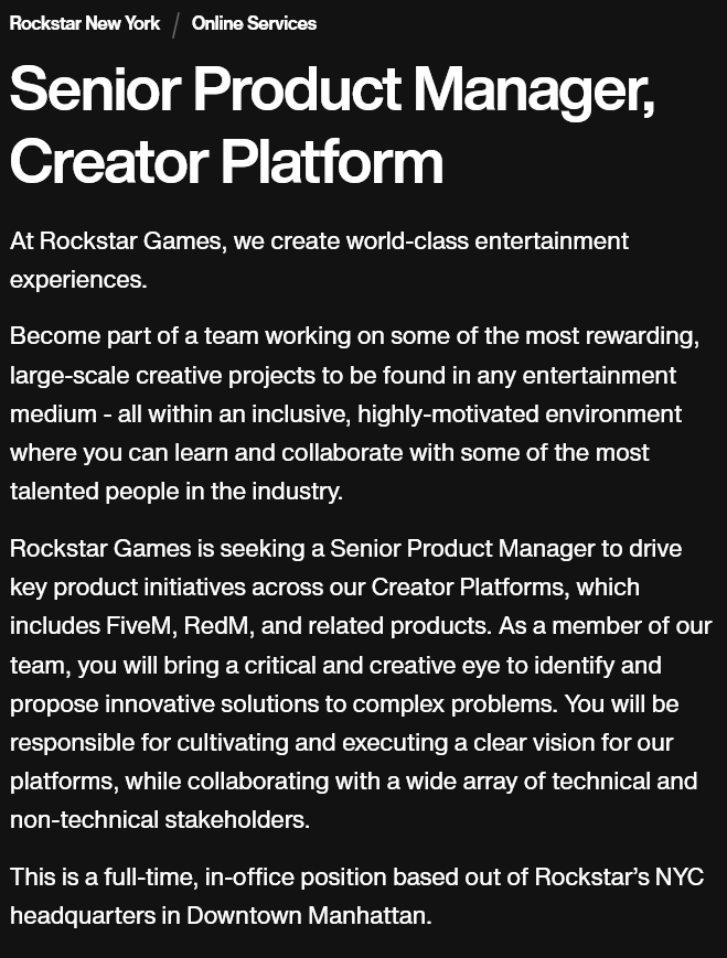 TREVORTRAILER's tweet photo. GTA 6 multiplayer role-play mode confirmed!!!

Rockstar Games is looking for a senior manager to oversee the evolution of FiveM and RedM🔥🔥🔥 https://t.co/VxTEhAMMPP