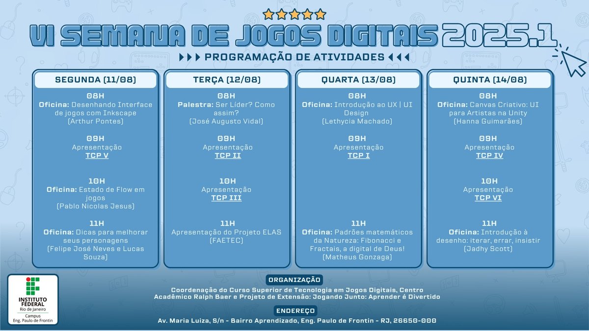 Venham participar da Semana de Jogos Digitais do Curso Superior de Tecnologia em Jogos Digitais do IFRJ-CEPF. 

facebook.com/share/p/1AZ6Nc…

#ifrj #jogobr #indiebr #jogosdigitais #game #gamedev #indidev #palestra #oficina #sjd