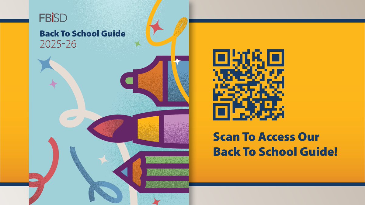The countdown is ON, FBISD family! Less than ONE WEEK until the first day of school! ⏰

It’s almost time to level up for a brand-new school year! Be sure to check out the FBISD Back-To-School Guide, your one-stop resource for school supply lists, calendars, transportation info,