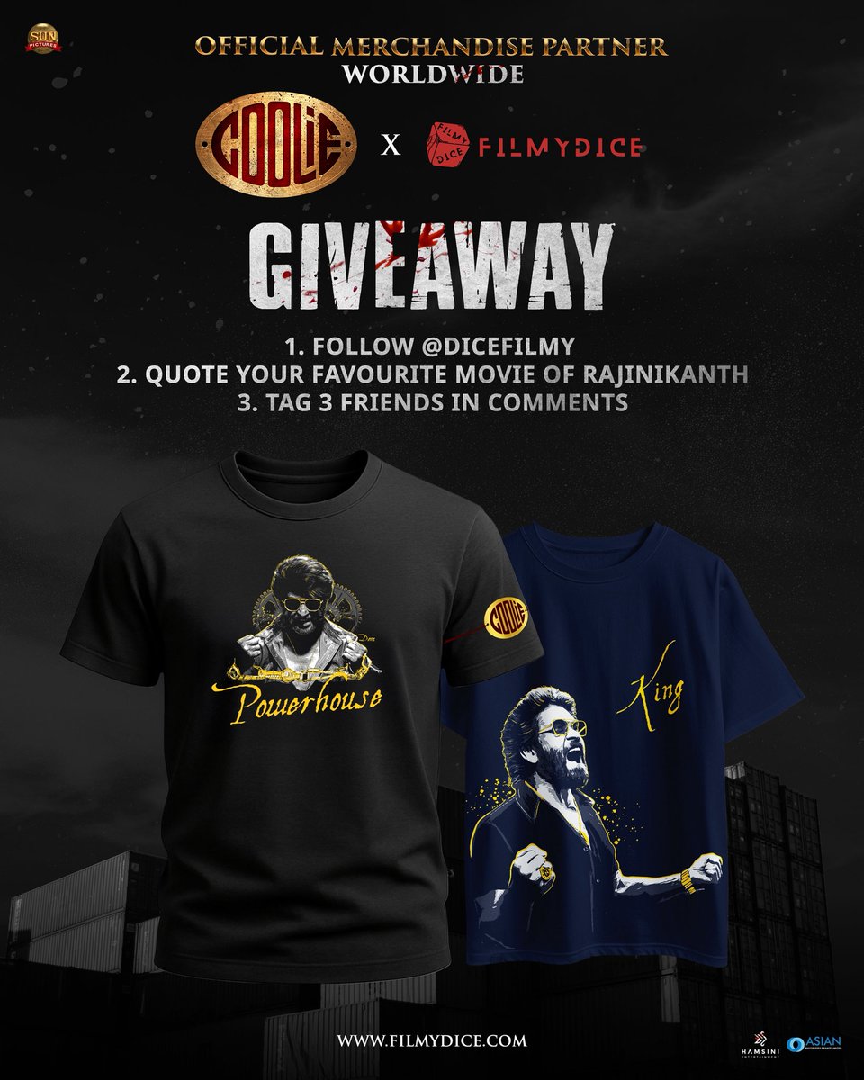 FilmydiceStore's tweet image. #Coolie Merchandise Giveaway 🔥 
Get ready to win! 🎁 

Step 1: Follow @dicefilmy 
Step 2: Quote your favorite #Rajinikanth movie 
Step 3: Tag 3 friends in Comments. 

#Coolie in cinemas from August 14th! 🎥