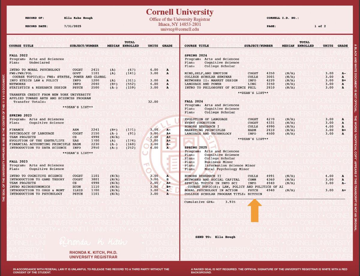 21MMforthe21st's tweet photo. On 10/31/22, I submitted my first proposal to study Bitcoin in college. 31 months later, "Bitcoin" is on my transcript.

Yesterday on What Bitcoin Did, @_DannyKnowles graciously invited me to share how that journey unfolded.

Over the years, many have asked: "What does it mean to study bitcoin?" "What classes will you take?" "Who will teach you?"

Below was my path for those curious about what studying Bitcoin can look like in college.

My thesis was titled: "Bitcoin: The Language for Discovering, Speaking, Settling, and Preserving Truth." 

Immeasurable thanks to my committee: Professors @kaushikcbasu, @thetrocro, & @sekreps. 

The full process and most of my papers are archived here:
🔗 https://t.co/vDIaUS7goT
(Thesis to come…might turn it into a book!)

Mine was just one approach, and I hope this helps open the door a little wider for others to find their own!
