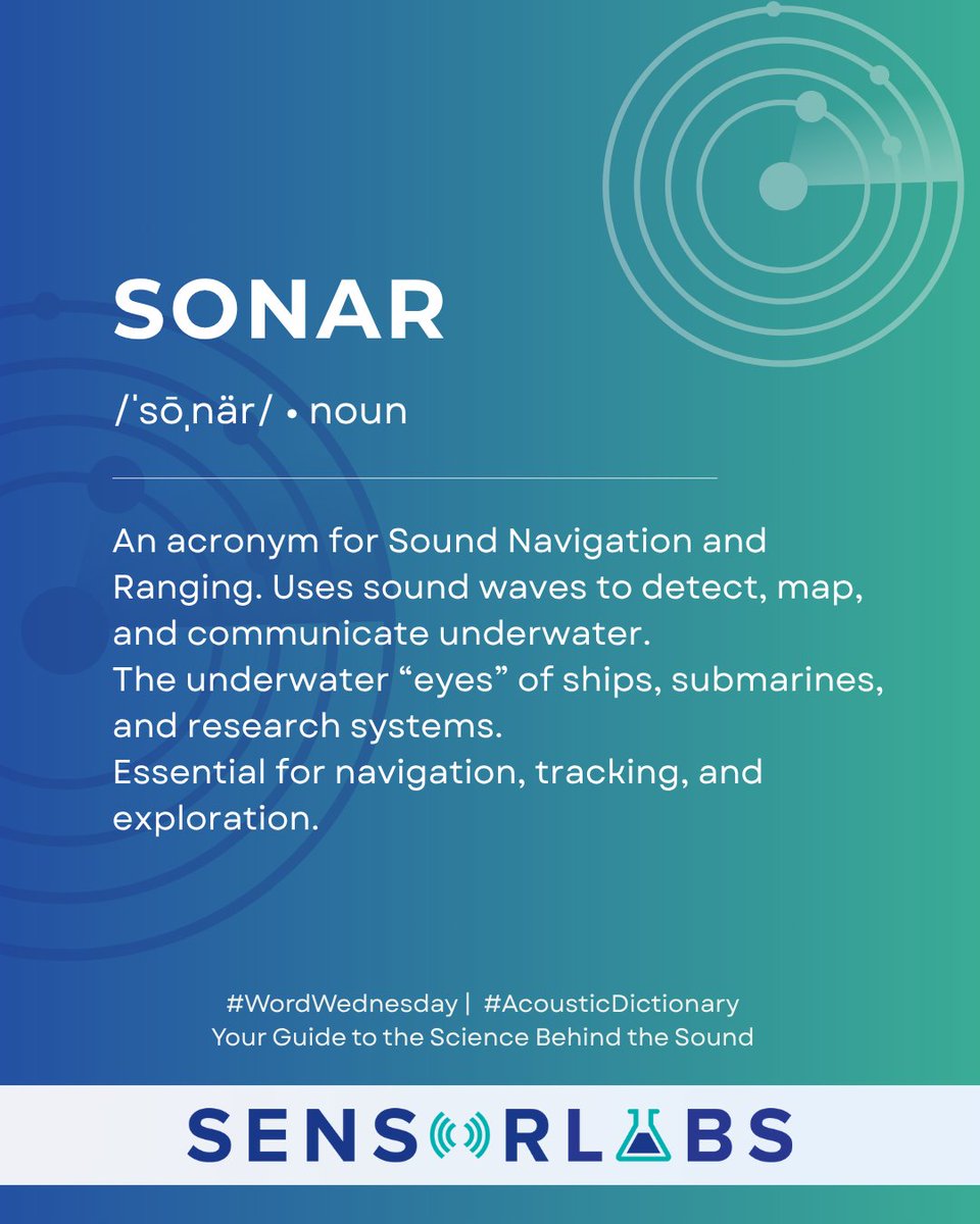 🔊 Word Wednesday: SONAR 
Sound Navigation and Ranging — a tech that uses sound waves to detect and map underwater objects. 
Used in ASW, marine research, and navigation. 
Built into every SensorTech system.
🎧 Powered by SensorLabs 
#WordWednesday #AcousticDictionary #SONAR