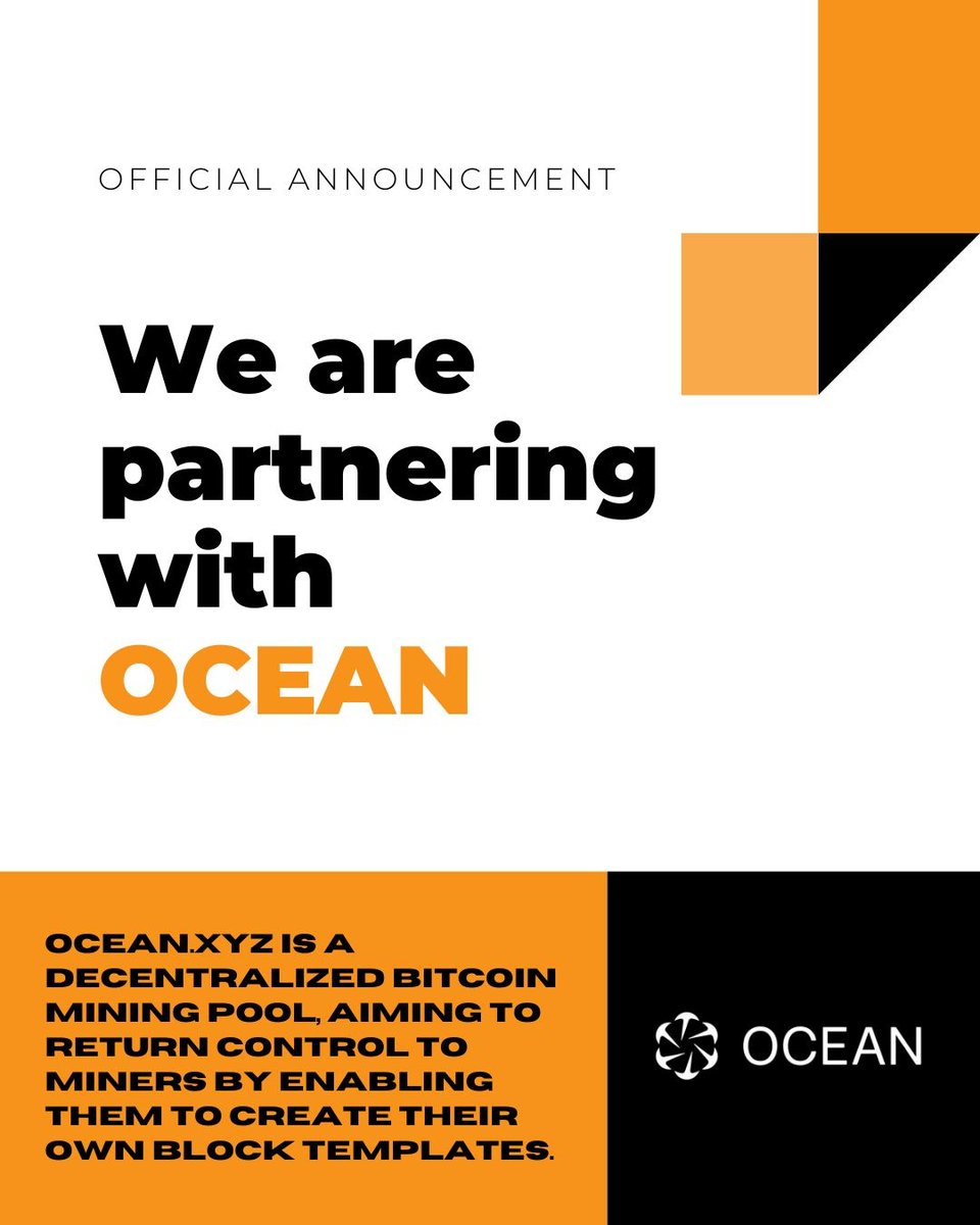 We’re thrilled to announce our partnership with <a href="/ocean_mining/">OCEAN</a> ! 🚀 ⁠

At launch, OCEAN offered a radically more transparent and disintermediated option for traditional pooled mining than the alternatives, but the pool itself was still solely responsible for construction of block