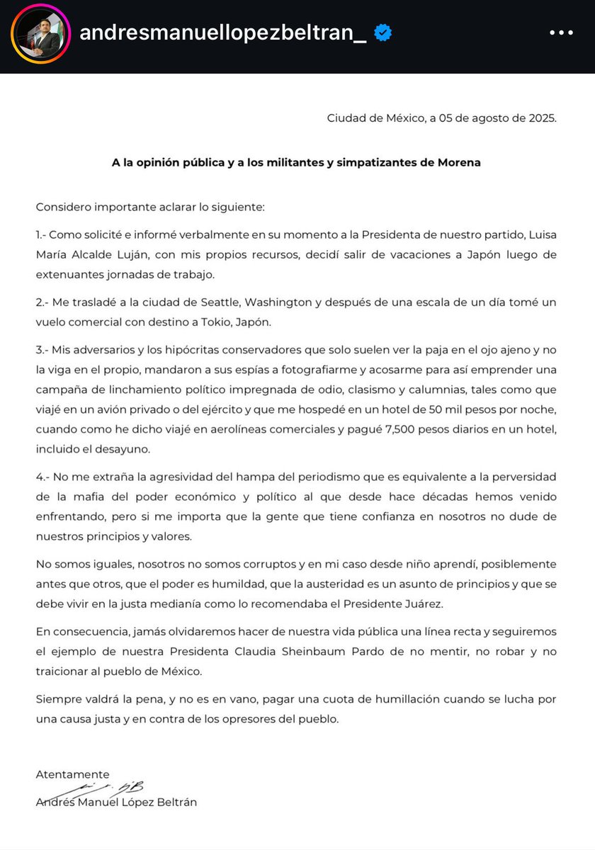 No entienden que no entienden…. #Andy “San”reapareció anoche con una carta tras “extenuantes jornadas de trabajo” y supongo merecida vacación.

Ellos pusieron el estándar: austeridad, humildad y cercanía al pueblo.
Una habitación de 7 mil 500 por noche equivale a una tercera