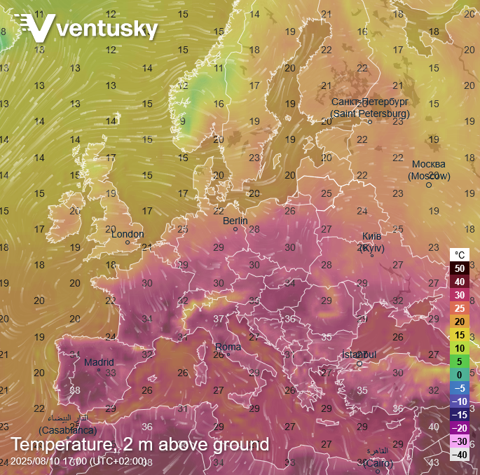 Tropical weather is returning to the southern half of Europe. By the end of the week, temperatures will often exceed 30 °C, and locally even 35 °C: ventusky.com/?p=49.5;14.7;5… 🧐 In contrast, the northern half of Europe will see temperatures around normal, and the unusual July