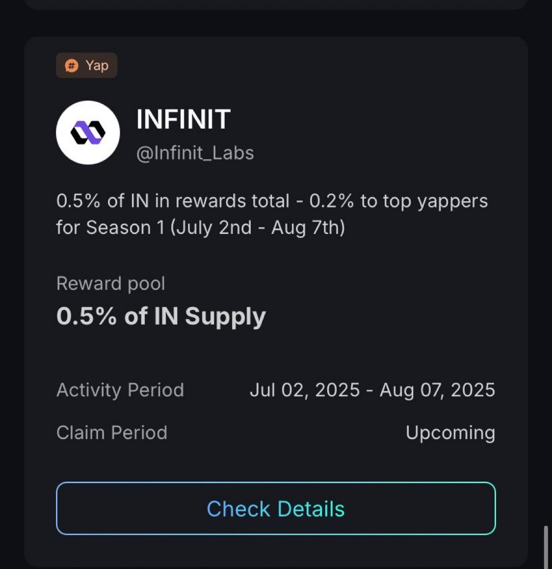We’ve got less than 24 hours left for the INFINIT TGE. 

Things you need to know about the $IN launch.
 
IN will be listed under the Ethereum and Bnb Chain Networks

So you have to get your gas fees ready for the claim tomorrow, I personally think the claiming will be under the