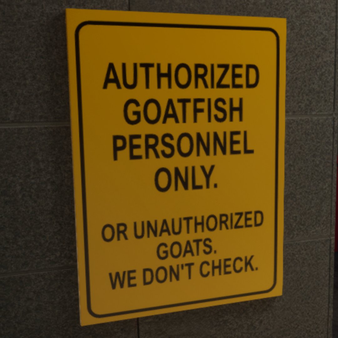 Icecream_go's tweet image. Needed a sign for the teleport room. I was told to “make it look like a normal sign.” Mission accomplished. Probably. 🐐🐠😁
#GameDev #EnvironmentArt #GamedevHumor #GoatfishLore