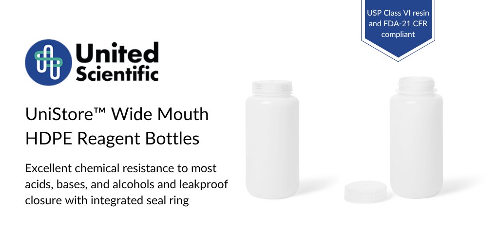 UniStore™ Wide Mouth, HDPE and PP, reagent bottles from <a href="/United/">United Airlines</a> Scientific are manufactured from USP Class VI resin that is FDA-21CFR compliant. Providing excellent chemical resistance to most acids, bases, and alcohols. Learn more, ow.ly/JMCm50WAfof

#LifeSciences