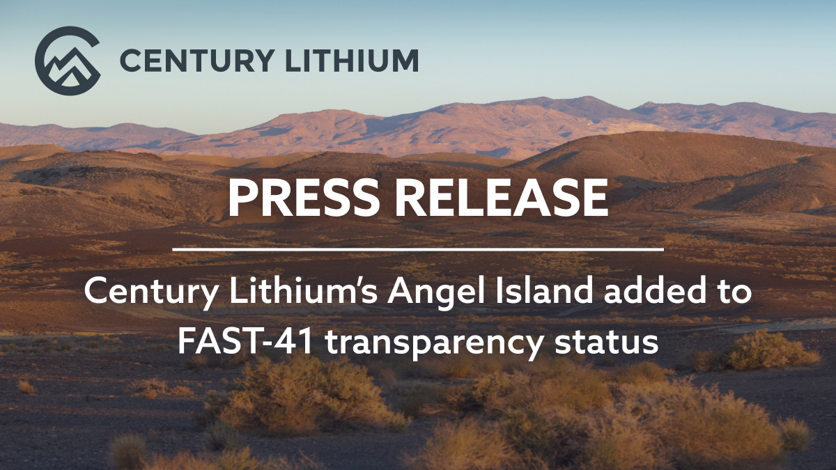Press Release: Century Lithium’s Angel Island Added to FAST-41 Transparency Status

Read the release here: bit.ly/3HecV04

$LCE.V $CYDVF