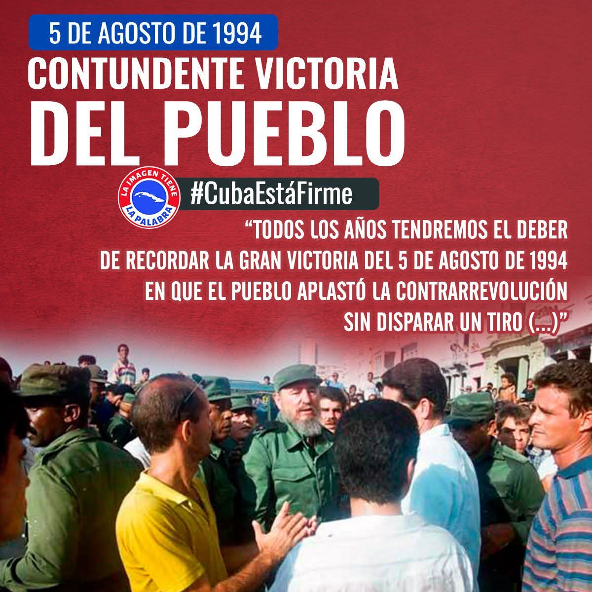 El 5 de agosto de 1994, la contrarrevolución fue derrotada por Fidel y el pueblo. Con su enorme chaleco moral y su imponente presencia, el Comandante contuvo el desorden y el vandalismo. Y en el Malecón, poco después de su llegada, solo se escuchaba ¡Viva Fidel! #100AñosConFidel