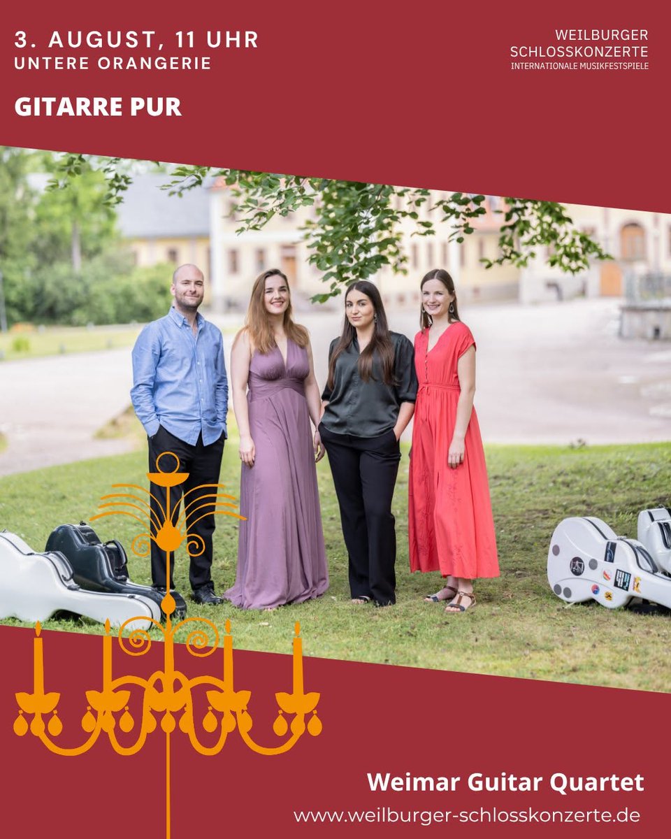 seanrobertsilva's tweet image. Sonntag, 3. August 2025 11:00 Uhr - Untere Orangerie
Gitarre pur

Programm:
Georges Bizet (Arr. William Kanengiser) – Carmen-Suite Clarice Assad – Bluezilian
Sean Silva – Synthesis (dem Weimar Guitar Quartet gewidmet)
Atanas Ourkouzounov – Broken Dance