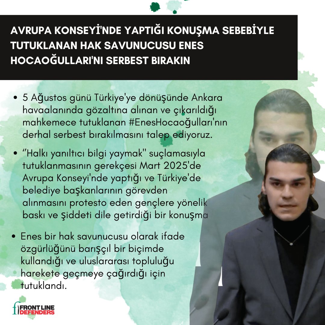 FLDTurkey's tweet photo. AVRUPA KONSEY��'NDE YAPTIĞI KONUŞMA SEBEBİYLE TUTUKLANAN HAK SAVUNUCUSU ENES HOCAOĞULLARI'NI SERBEST BIRAKIN https://t.co/9EV80ReDOg