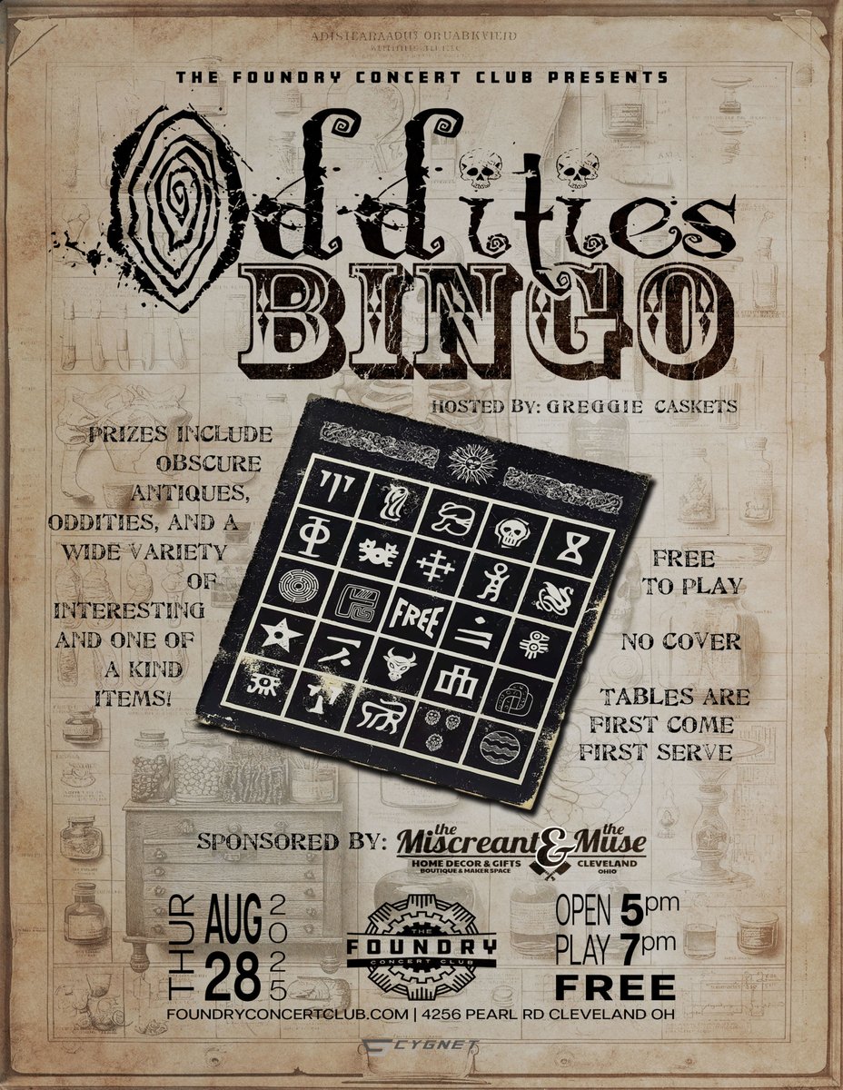 JUST ANNOUNCED ✨ You asked for it and we're delivering with help from our dear friends The Miscreant &amp; The Muse and Greggie Caskets. 

Oddities Bingo returns to the Foundry!🌀