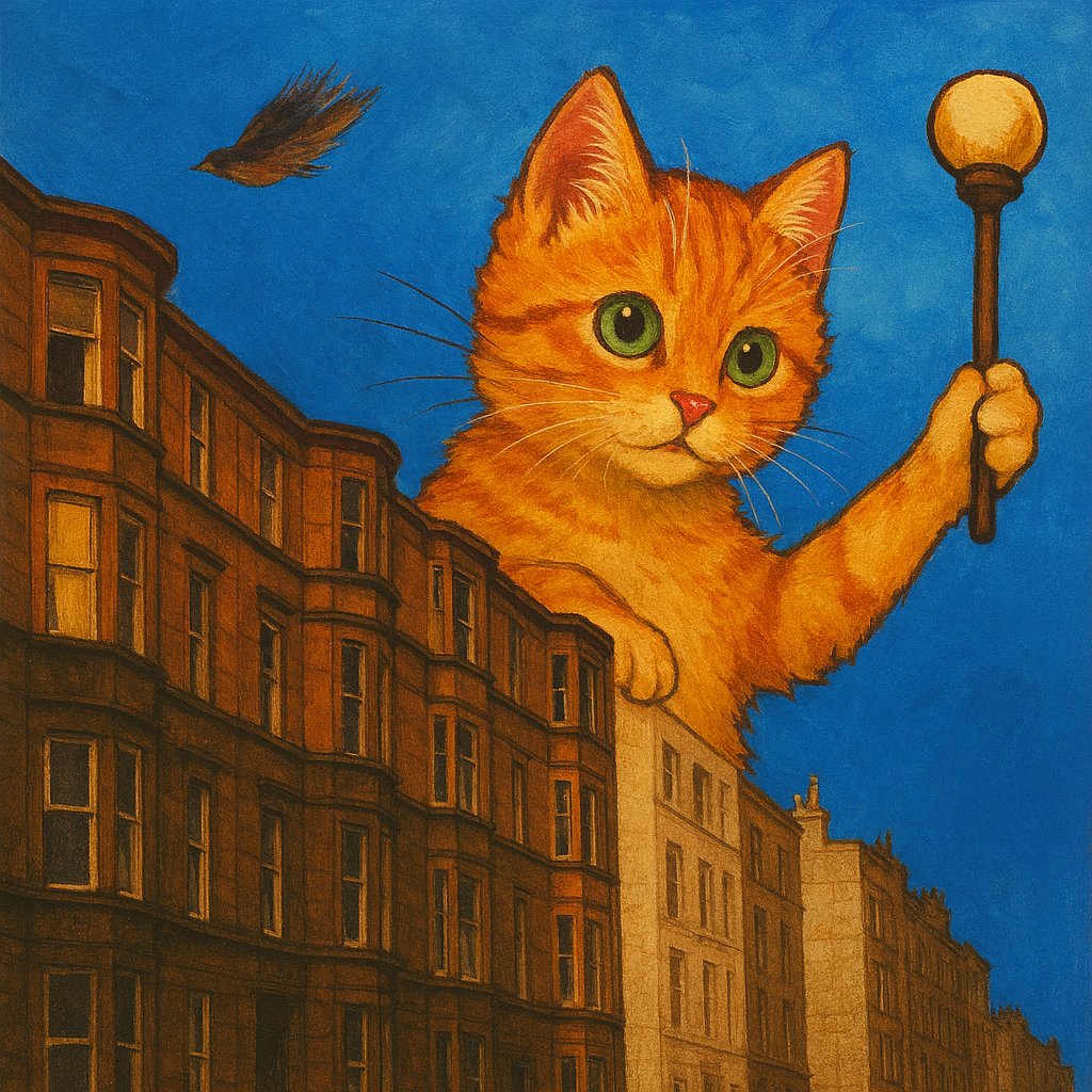 Orange Juice(<a href="/EdwynCollins/">Edwyn Collins</a>) The Heather's On Fireのジャケットのポストカード猫が未彩色なのでAIに彩色を頼んだら、何度頼んでも勝手に絵柄を変えて微妙なものが出来上がってしまう・・・