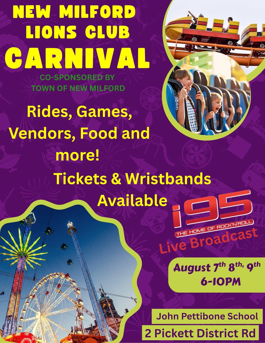 🎡🎟️The New Milford Lions Club Carnival kicks off tomorrow! This annual tradition is a great way to support the community and enjoy an evening of fun. Make sure to stop by from August 7th - 9th, from 6:00 p.m. to 10:00 p.m.