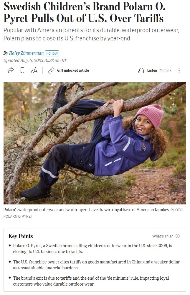So, thanks to Trump's tariffs, American parents no longer have this beloved clothing option, AND the American franchise-owner (and her US employees) no longer has a viable business (and is thus closing down).

More to come.
wsj.com/business/retai…