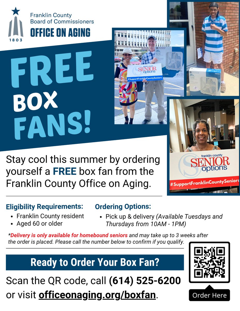 🌀 FREE fans for seniors 60+ in Franklin County!

Stay cool this summer—apply now!
📦 Delivery for homebound seniors.

#FCOA #FranklinCountyOfficeOnAging #BeatTheHeat