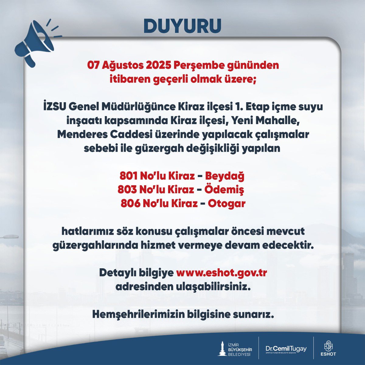 Web adresimizden detaylı bilgiye ulaşabilirsiniz.
eshot.gov.tr/tr/Duyurular/5…