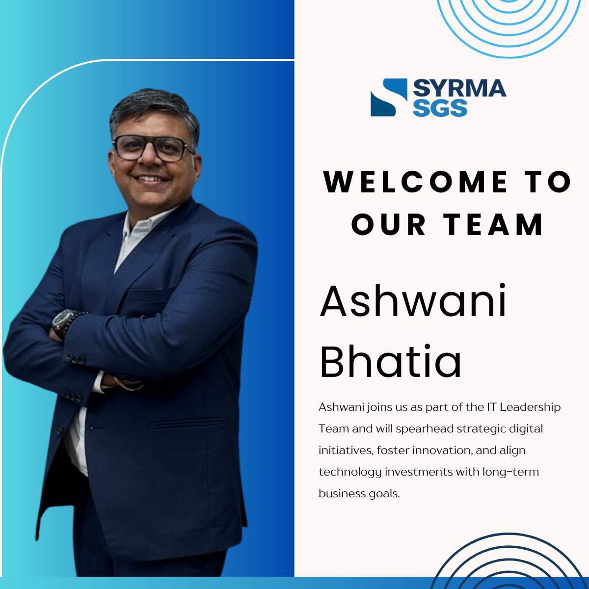 🚀 Welcome Ashwani Bhatia!

We’re excited to have Ashwani join Syrma SGS as VP – IT. With 22+ years in digital transformation, cloud, and innovation, he’s set to accelerate our tech journey and drive strategic growth.

#WelcomeAboard #SyrmaSGS #Leadership #DigitalTransformation